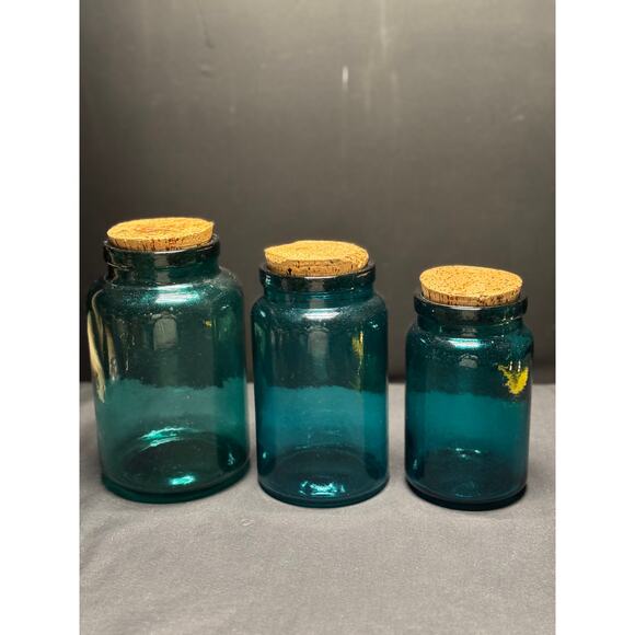 Set of 3 Vintage Teal Glass Jars with Original Cork Stoppers–6.5", 7.5", 8" Tall - Picture 1 of 12